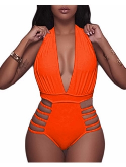 BeachQueen Women Sexy One Piece Swimsuits Halter Plunge V Neck Cutout Swimwear