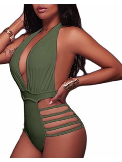 BeachQueen Women Sexy One Piece Swimsuits Halter Plunge V Neck Cutout Swimwear