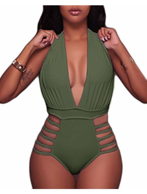 BeachQueen Women Sexy One Piece Swimsuits Halter Plunge V Neck Cutout Swimwear