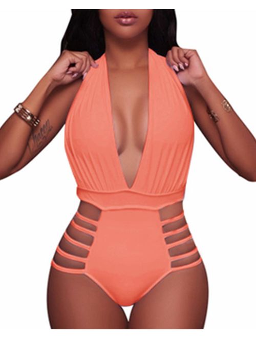 BeachQueen Women Sexy One Piece Swimsuits Halter Plunge V Neck Cutout Swimwear