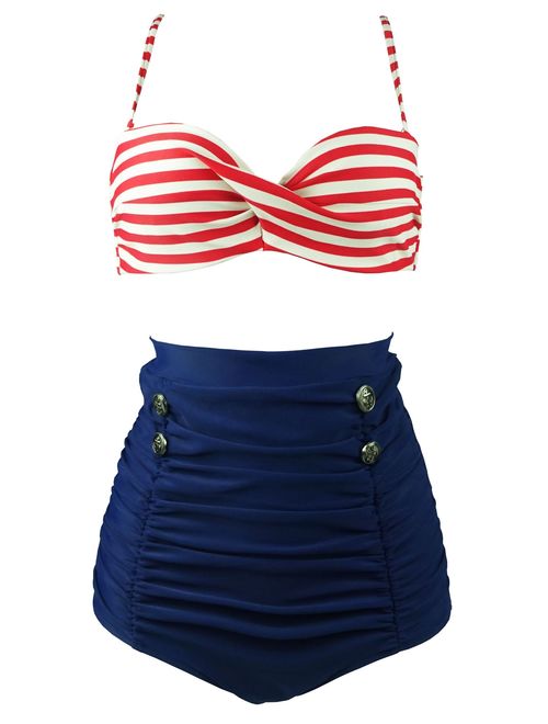 COCOSHIP Retro Polka Dot Twisted Front High Waisted Bikini Set Tie Belt vintage style swimsuits Ruched Swimsuit(FBA)