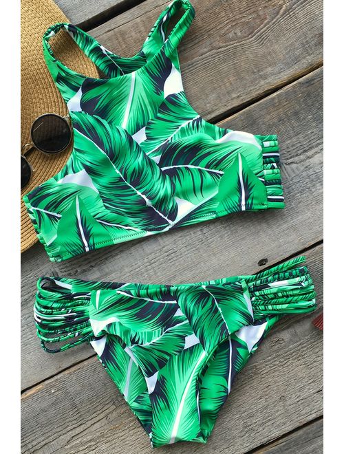 CUPSHE Women's Tropical Leaves Printing Tank Padding Bikini Set