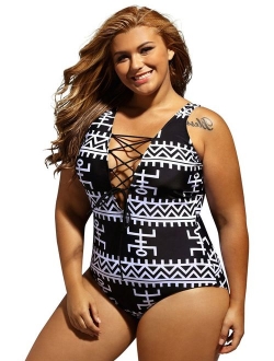 Dearlove Women's Sexy Lace Up V Neck One Piece Swimsuit Swimwear Plus Size