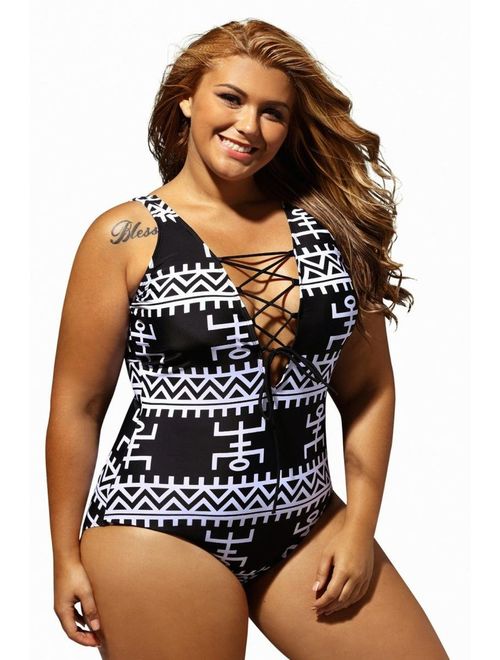 Dearlove Women's Sexy Lace Up V Neck One Piece Swimsuit Swimwear Plus Size