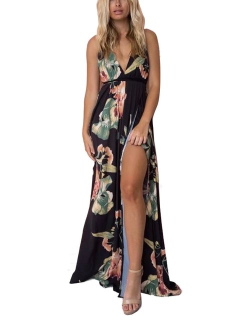 FFLMYUHUL I U Women's Strap Floral Print Lace Up Backless Deep V Neck Sexy Split Beach Maxi Dress