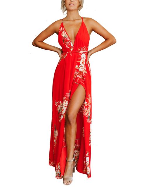 FFLMYUHUL I U Women's Strap Floral Print Lace Up Backless Deep V Neck Sexy Split Beach Maxi Dress