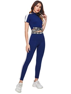 Women's 2 Pieces Outfits Cropped T Shirt and Long Pants Tracksuits Set Sportwear