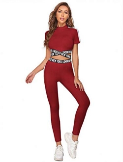 Women's 2 Pieces Outfits Cropped T Shirt and Long Pants Tracksuits Set Sportwear