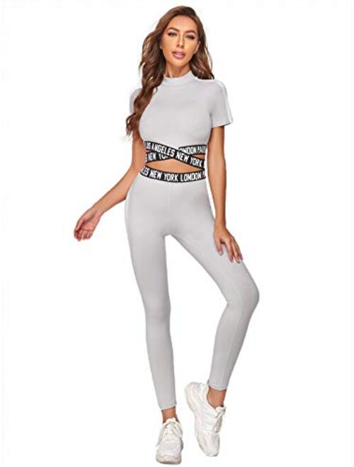 SweatyRocks Women's 2 Pieces Outfits Cropped T Shirt and Long Pants Tracksuits Set Sportwear