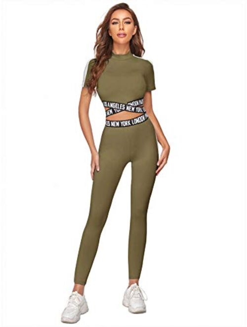 SweatyRocks Women's 2 Pieces Outfits Cropped T Shirt and Long Pants Tracksuits Set Sportwear