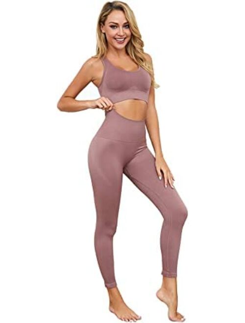 bbmee Yoga Outfits for Women 2 Piece Set,Workout High Waist Athletic Seamless Leggings and Sports Bra Set Gym Clothes