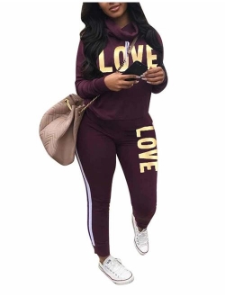 Women's Letter Print 2 Piece Outfits Jogging Suit Set Cowl Neck