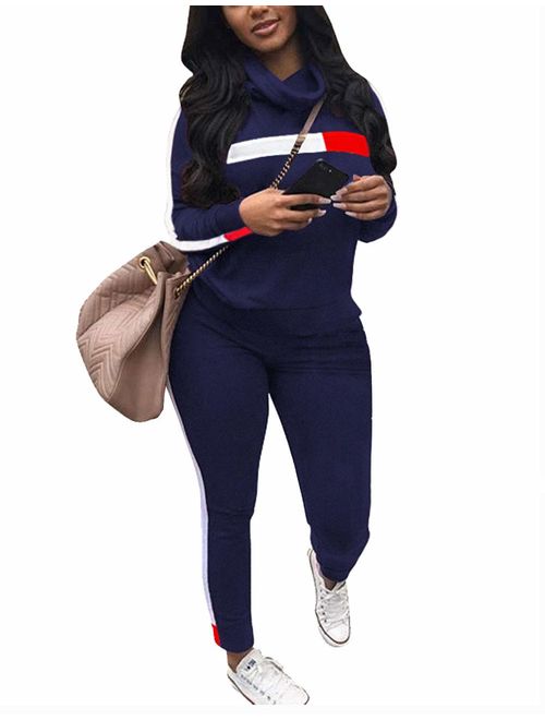 Angsuttc Women's Letter Print 2 Piece Outfits Cowl Neck Long Sleeve Sweatshirt and Pants Set Tracksuit