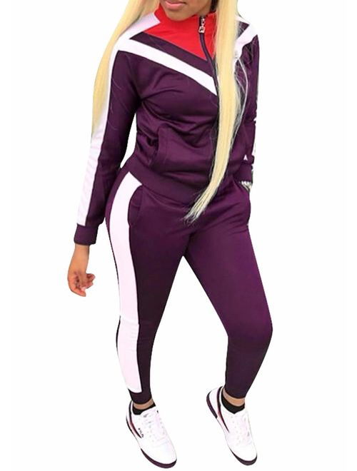 Womens Color Block Tracksuit 2 Piece Outfits, Casual Long Sleeve Full Zip Jacket and Pants Sport Set Sweatsuits