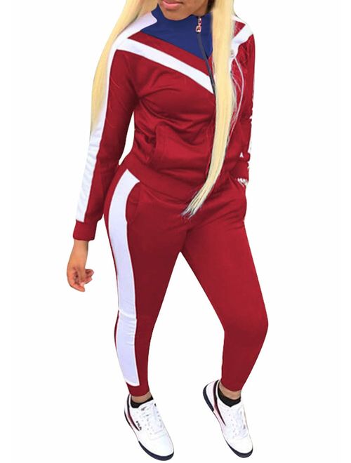 Womens Color Block Tracksuit 2 Piece Outfits, Casual Long Sleeve Full Zip Jacket and Pants Sport Set Sweatsuits