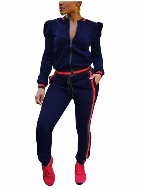 Akmipoem Women's 2 Pieces Outfits Long Sleeve Zipper Jacket and Pants Set Tracksuits