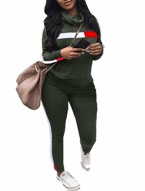 Women's Letter Print 2 Piece Outfits Jogging Suit Set Cowl Neck Long Sleeve Sweatshirt Tracksuit Plus Size