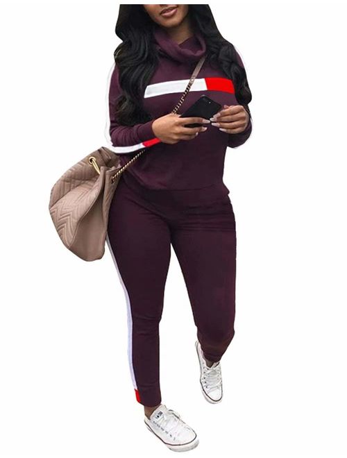 Women's Letter Print 2 Piece Outfits Jogging Suit Set Cowl Neck Long Sleeve Sweatshirt Tracksuit Plus Size