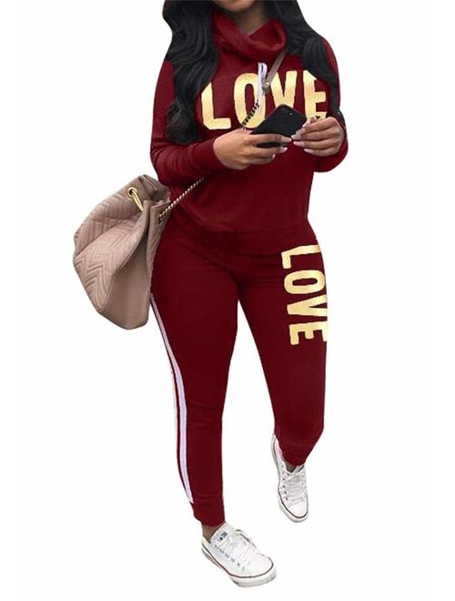 Women's Letter Print 2 Piece Outfits Jogging Suit Set Cowl Neck Long Sleeve Sweatshirt Tracksuit Plus Size