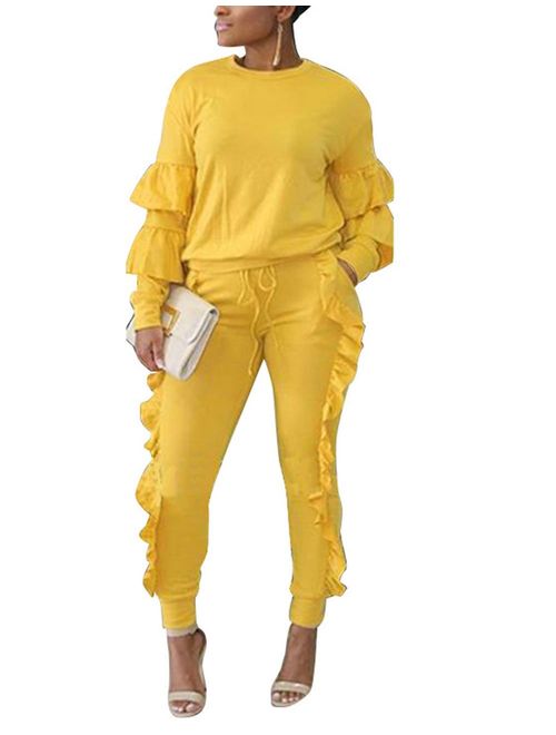 Akmipoem Women's Two Piece Outfits Ruffle Sleeve Sweatshirt and Long Pants Tracksuit