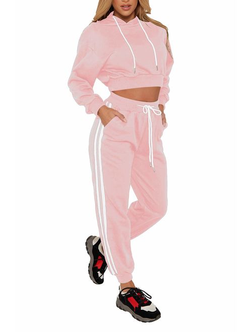 Fixmatti Women Pullover Hoodie Pockets Sweatpants Sport Jogger Sweatsuit