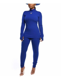 Women Two Piece Outfits Ribbed Knit Top & Pants Sets Long Sleeve Solid Color Tracksuit