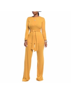 Women Two Piece Outfits Ribbed Knit Top & Pants Sets Long Sleeve Solid Color Tracksuit