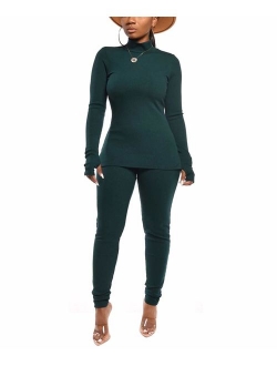 Women Two Piece Outfits Ribbed Knit Top & Pants Sets Long Sleeve Solid Color Tracksuit