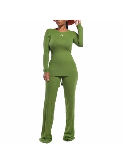 Women Two Piece Outfits Ribbed Knit Top & Pants Sets Long Sleeve Solid Color Tracksuit