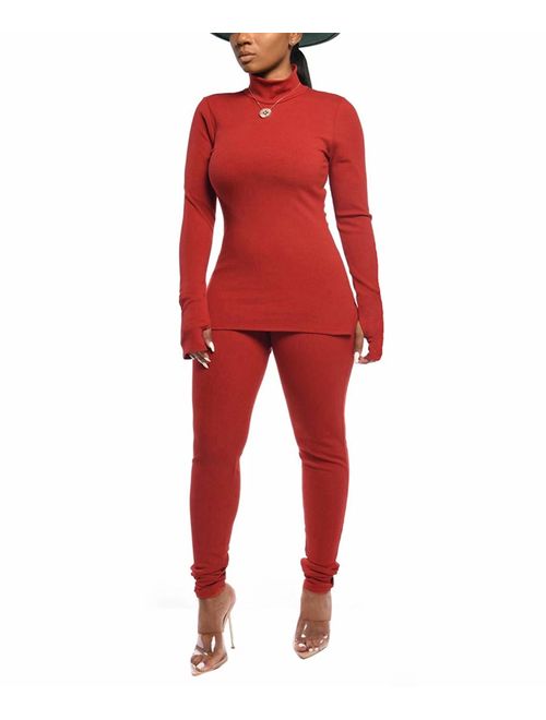 Women Two Piece Outfits Ribbed Knit Top & Pants Sets Long Sleeve Solid Color Tracksuit