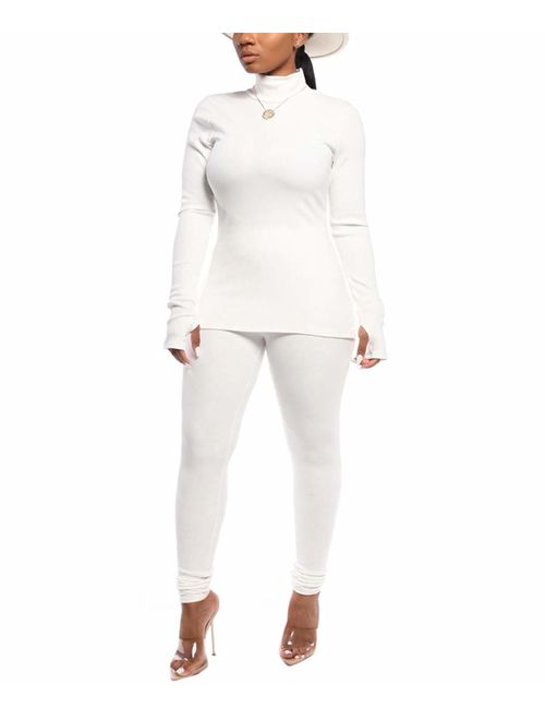 Women Two Piece Outfits Ribbed Knit Top & Pants Sets Long Sleeve Solid Color Tracksuit