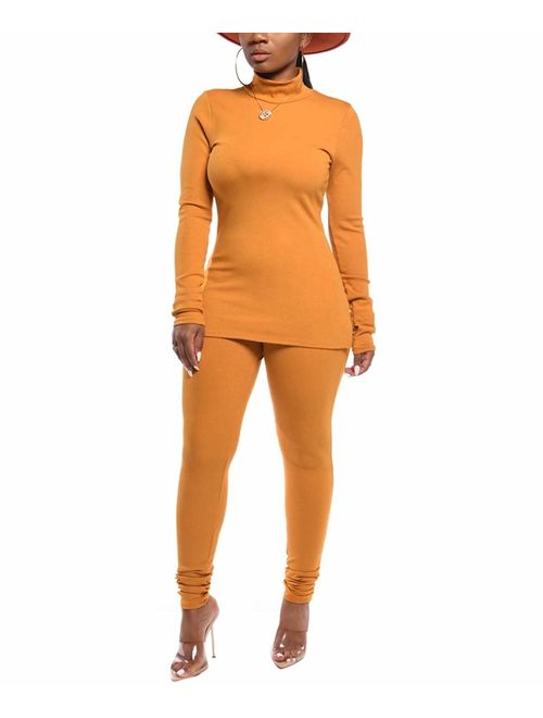 Women Two Piece Outfits Ribbed Knit Top & Pants Sets Long Sleeve Solid Color Tracksuit