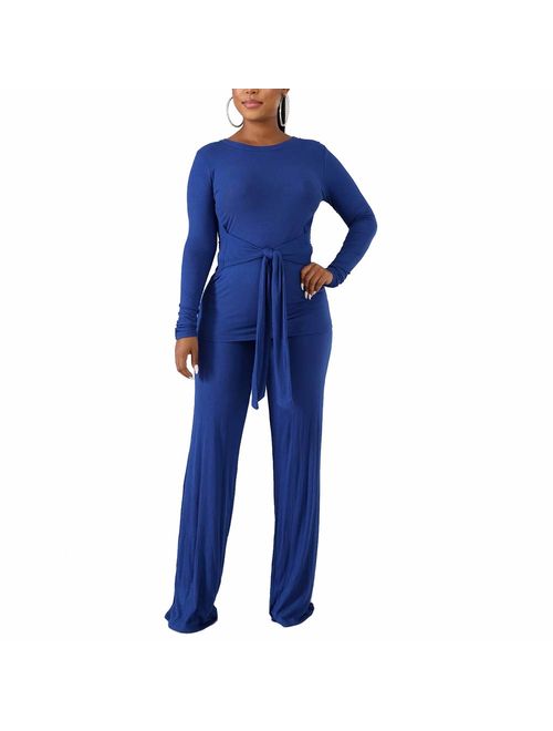 Women Two Piece Outfits Ribbed Knit Top & Pants Sets Long Sleeve Solid Color Tracksuit