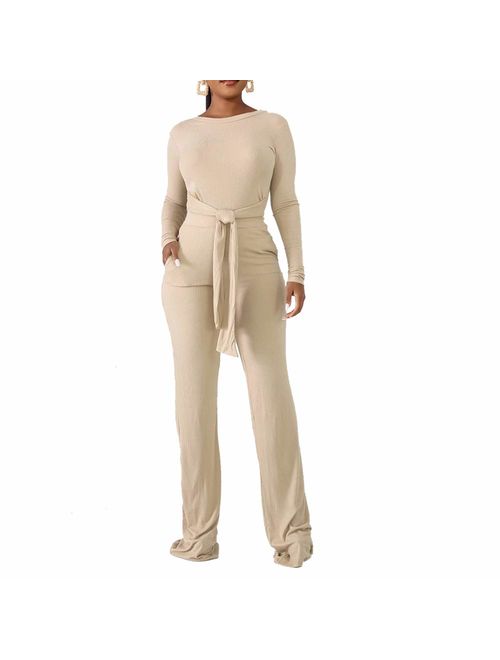 Women Two Piece Outfits Ribbed Knit Top & Pants Sets Long Sleeve Solid Color Tracksuit