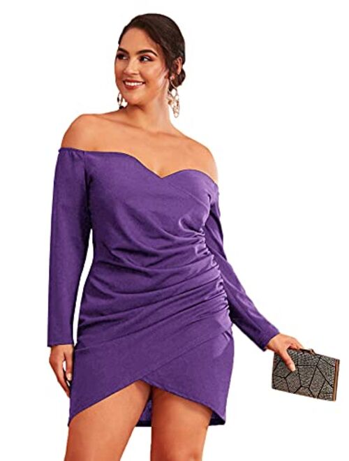 ROMWE Plus Size Sexy Off the Shoulder Wrap Sweetheart Pleated Front Party Mini Bardot Dress