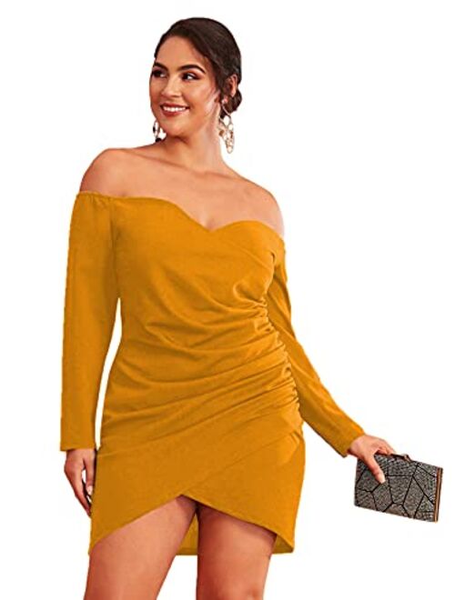 ROMWE Plus Size Sexy Off the Shoulder Wrap Sweetheart Pleated Front Party Mini Bardot Dress