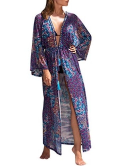 shermie Women's Floral Crochet Lace Beach Swimsuit Cover Ups Long Vintage Kimono Cardigan Dress