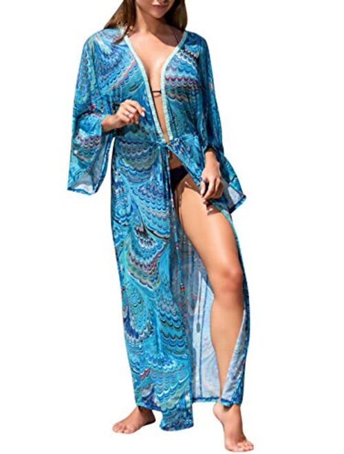 shermie Women's Floral Crochet Lace Beach Swimsuit Cover Ups Long Vintage Kimono Cardigan Dress