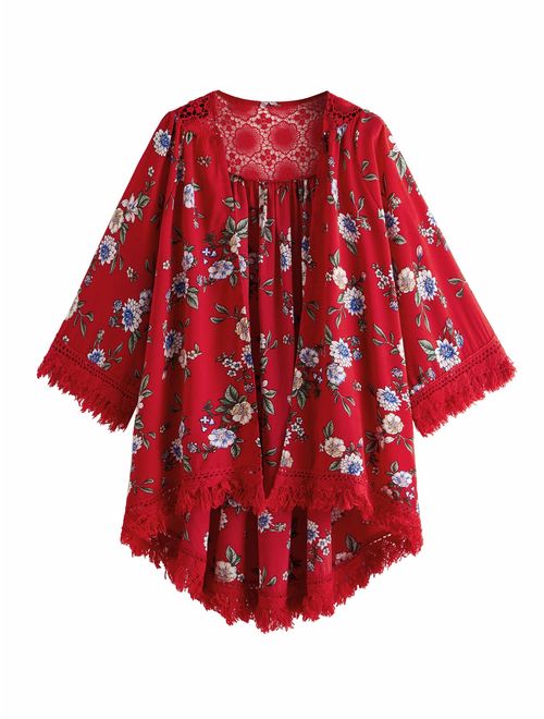 SweatyRocks Women's Tassel Kimono Fringe Cardigan Beachwear Cover up