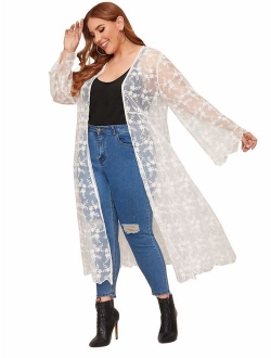 Women's Plus Size Floral Print Sheer Beach Long Kimono Cardigan Cover Up