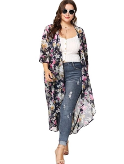 Women's Plus Size Floral Print Sheer Beach Long Kimono Cardigan Cover Up