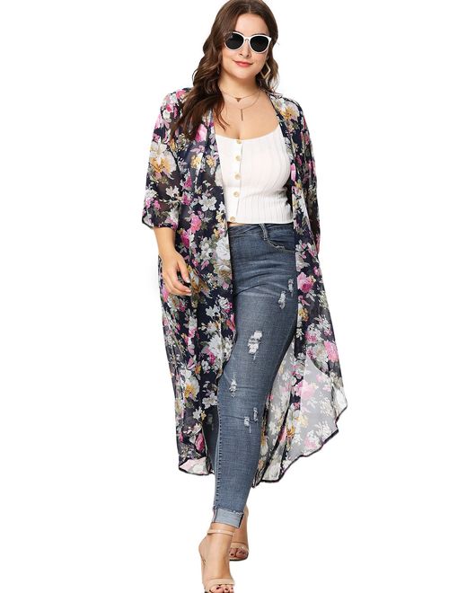 ROMWE Women's Plus Size Floral Print Sheer Beach Long Kimono Cardigan Cover Up