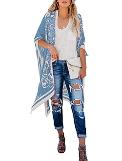 Womens Fashion Print Kimono Tassel Casual Cardigan Loose Cover up