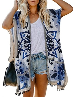 Womens Fashion Print Kimono Tassel Casual Cardigan Loose Cover up