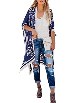 Womens Fashion Print Kimono Tassel Casual Cardigan Loose Cover up