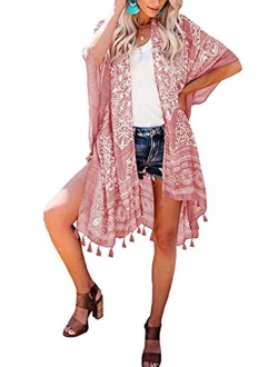 Womens Fashion Print Kimono Tassel Casual Cardigan Loose Cover up