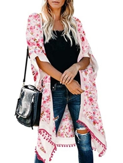 Womens Fashion Print Kimono Tassel Casual Cardigan Loose Cover up