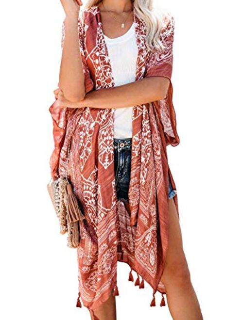 Dokotoo Womens Fashion Print Kimono Tassel Casual Cardigan Loose Cover up