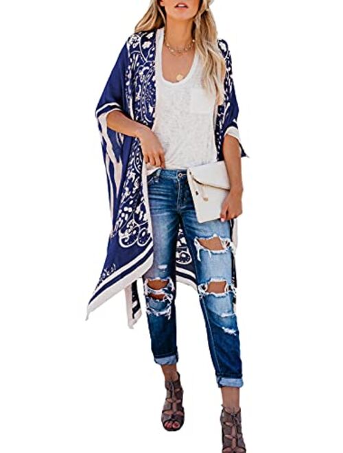 Dokotoo Womens Fashion Print Kimono Tassel Casual Cardigan Loose Cover up