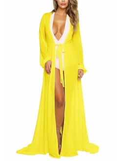 Pink Queen Women's Long Sleeve Flowy Maxi Bathing Suit Swimsuit Tie Front Robe Cover Up